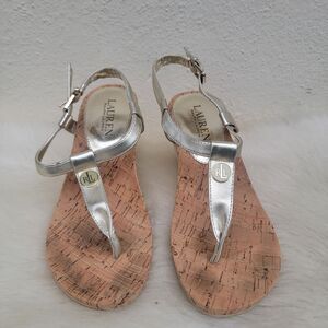 Lauren Ralph Lauren REETA Sandals Cork Wedge Heel Sandals Sz 6 Gold/Cream preppy